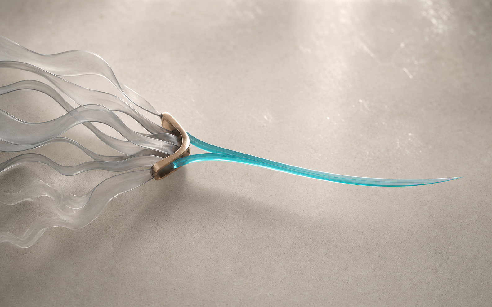 Translucent routes converge through a brass clamp into one aqua path.