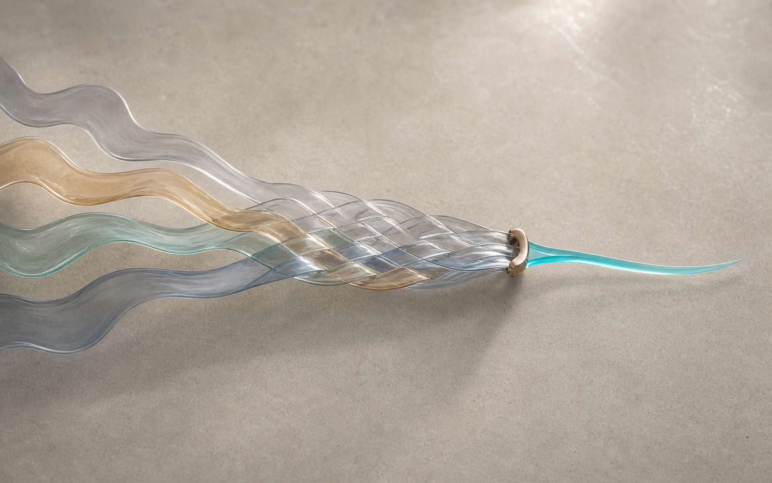 Four coloured inputs weave together and continue through a brass clamp as one aqua output.