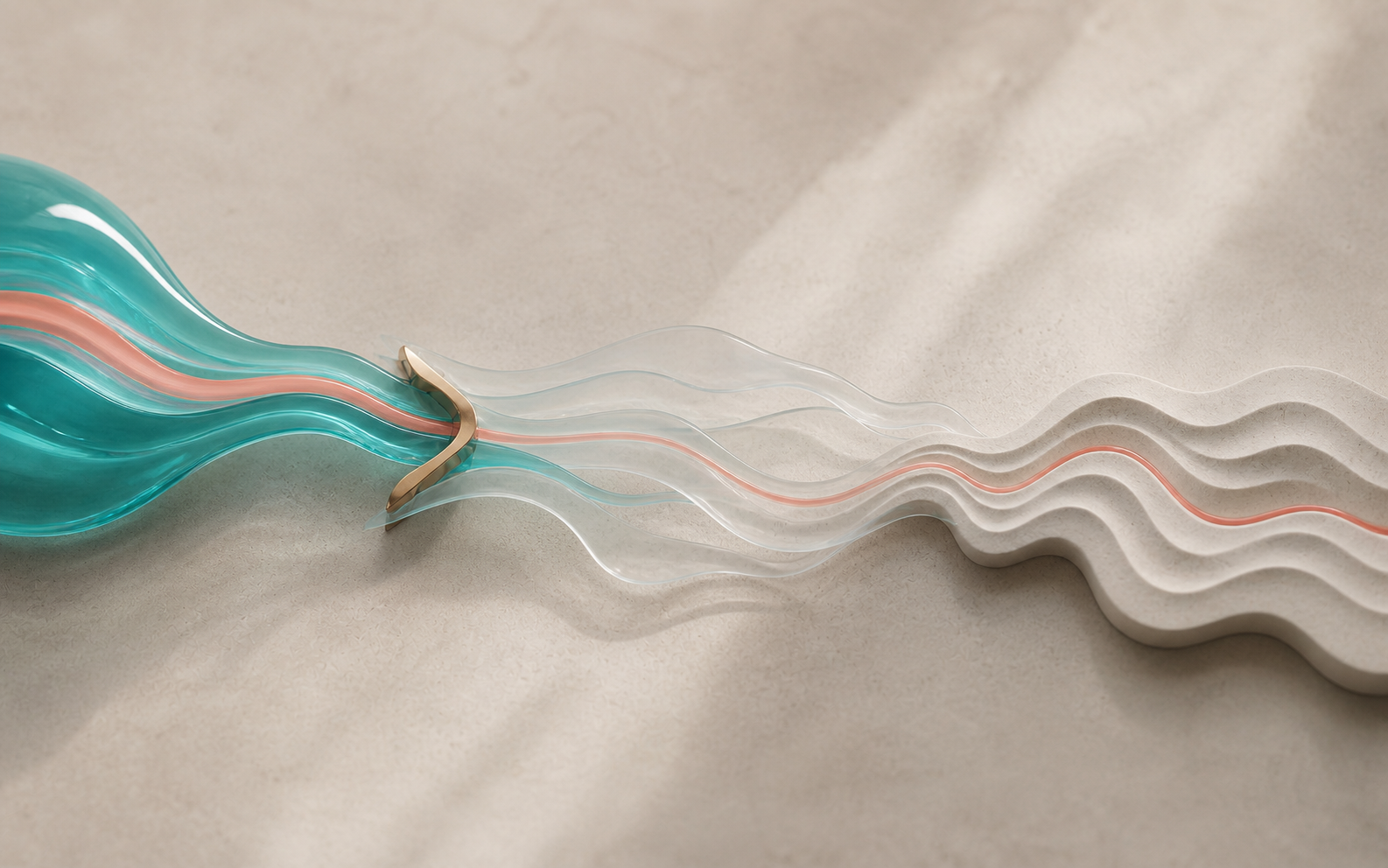 A continuous coral thread passes through changing translucent and carved materials.